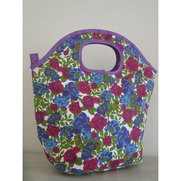 Lily McGee Gourmet Fabric Lunch Tote Bag FLORAL ROSES white Red Insulated $52 - Picture 4 of 5